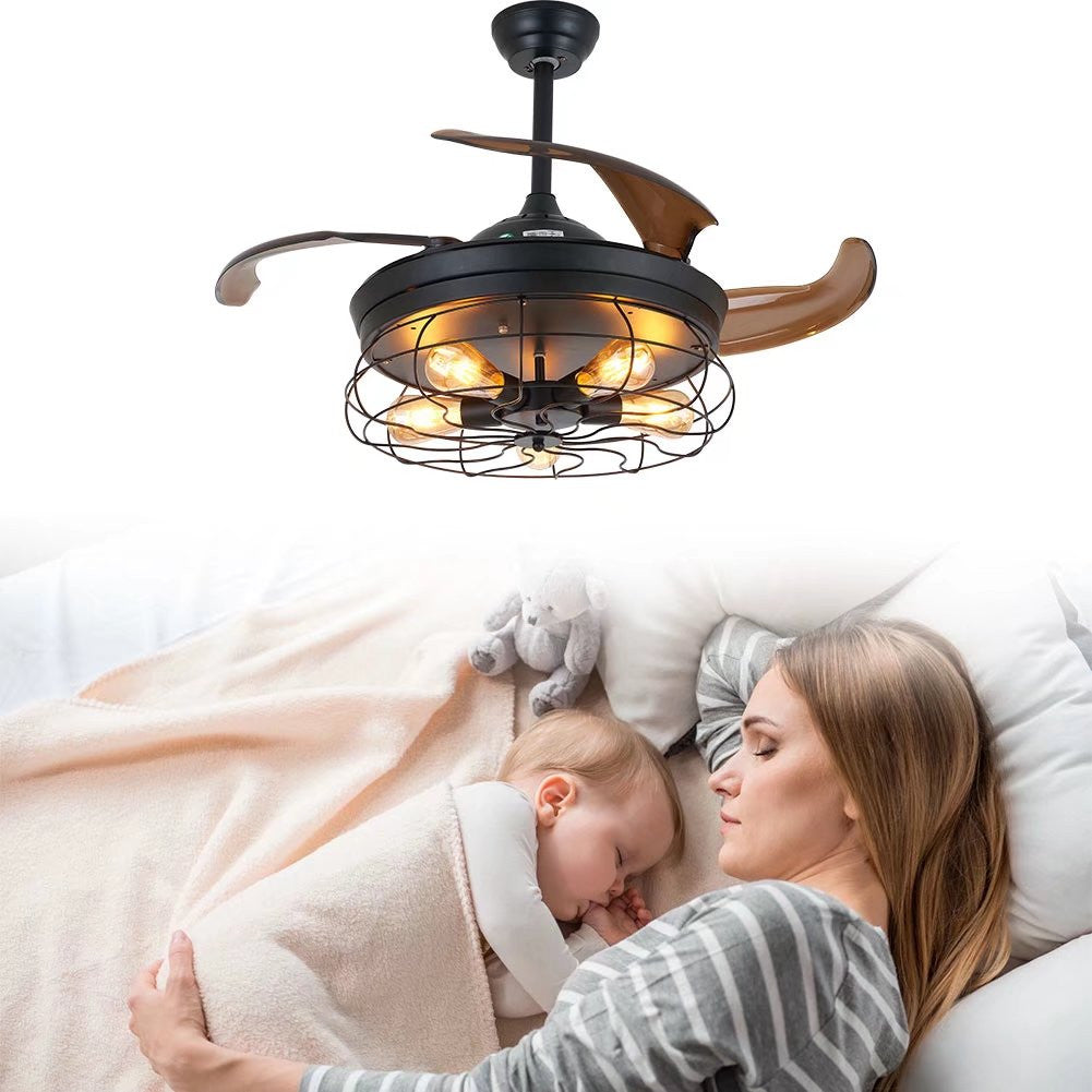 Industrial Caged Ceiling Lamp And Retractable Fan By Homeroots