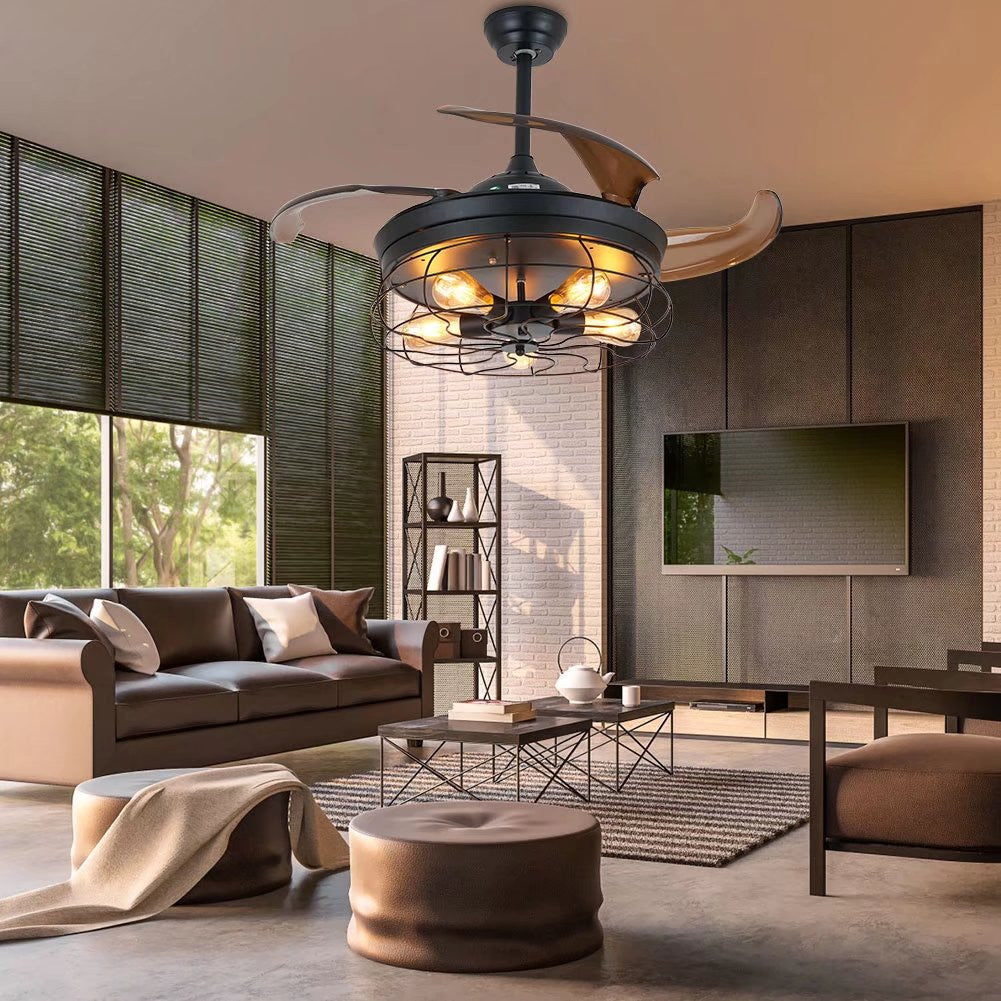 Industrial Caged Ceiling Lamp And Retractable Fan By Homeroots