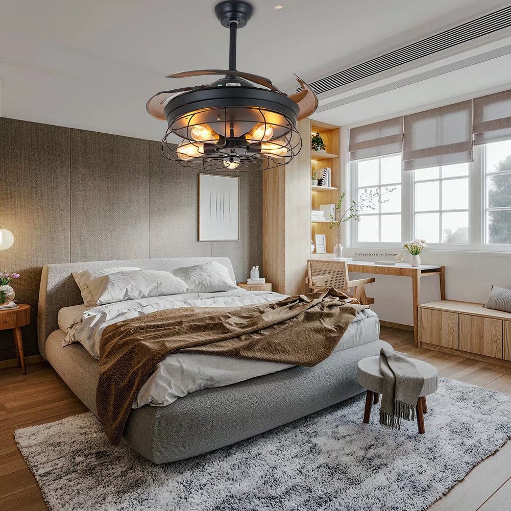 Industrial Caged Ceiling Lamp And Retractable Fan By Homeroots