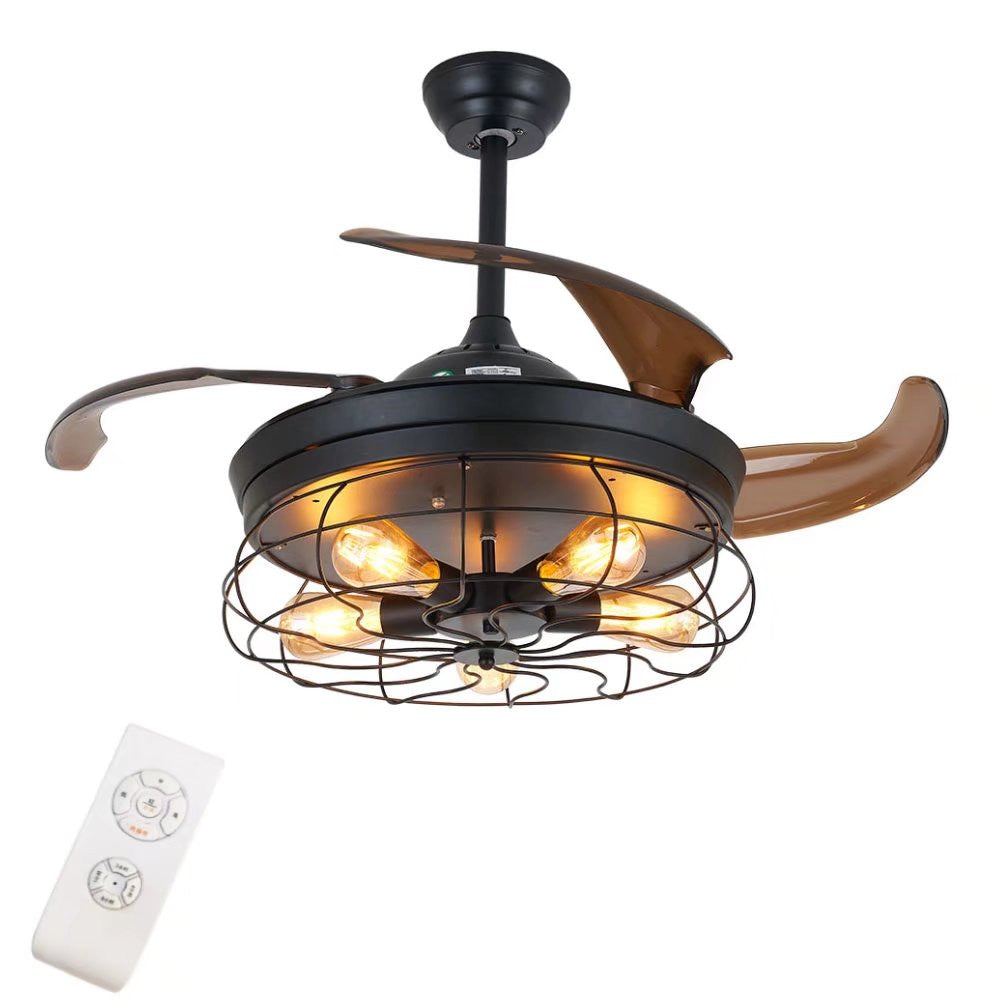 Industrial Caged Ceiling Lamp And Retractable Fan By Homeroots